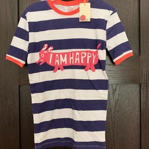 NWT Boden Striped T-Shirt with Pink Trim; I Am Happy Sausage Dog | 12Y